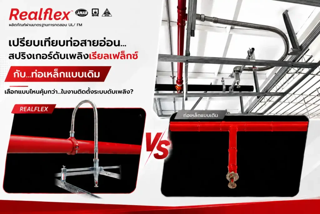 สายอ่อนหัวสปริงเกอร์ดับเพลิง REALFLEX เปรียบเทียบกับท่อเหล็กแบบเดิม เพื่อเลือกวิธีติดตั้งหัวสปริงเกอร์ที่คุ้มค่า